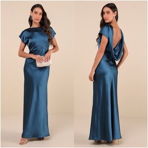 LULU’S Captivating Presence Dark Teal Satin Cowl Back Maxi Dress